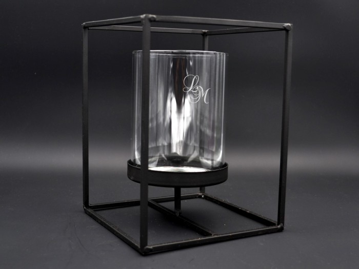 Bougeoir verre en cadre noire avec gravure
